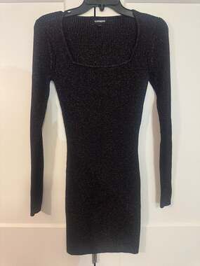 Express Black Shimmer Ribbed Long Sleeve Square Neck Dress Size S